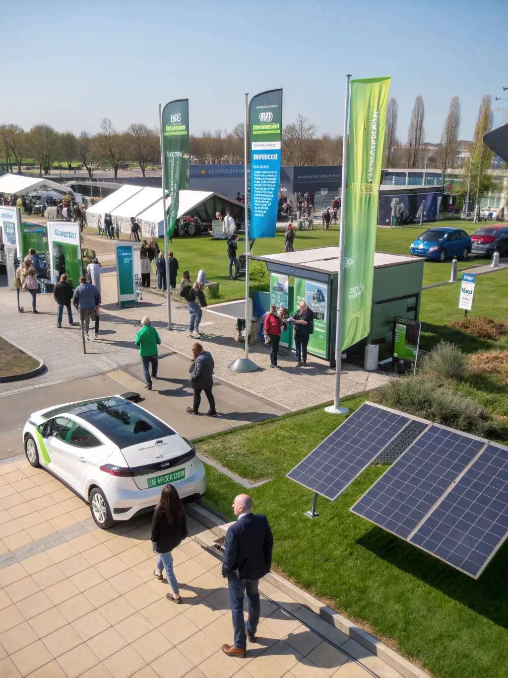 A conference scene in Birmingham, UK, presenting the 'Sustainable Energy Expo' with electric vehicle displays and green technology exhibits.