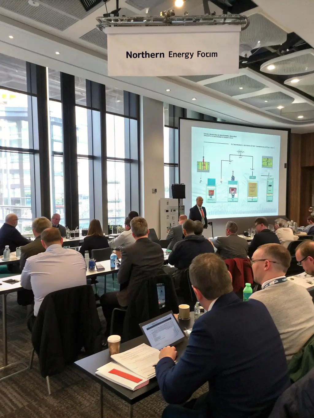 A conference setting in Manchester, UK, displaying the 'Northern Energy Forum' with a focus on energy storage technologies.