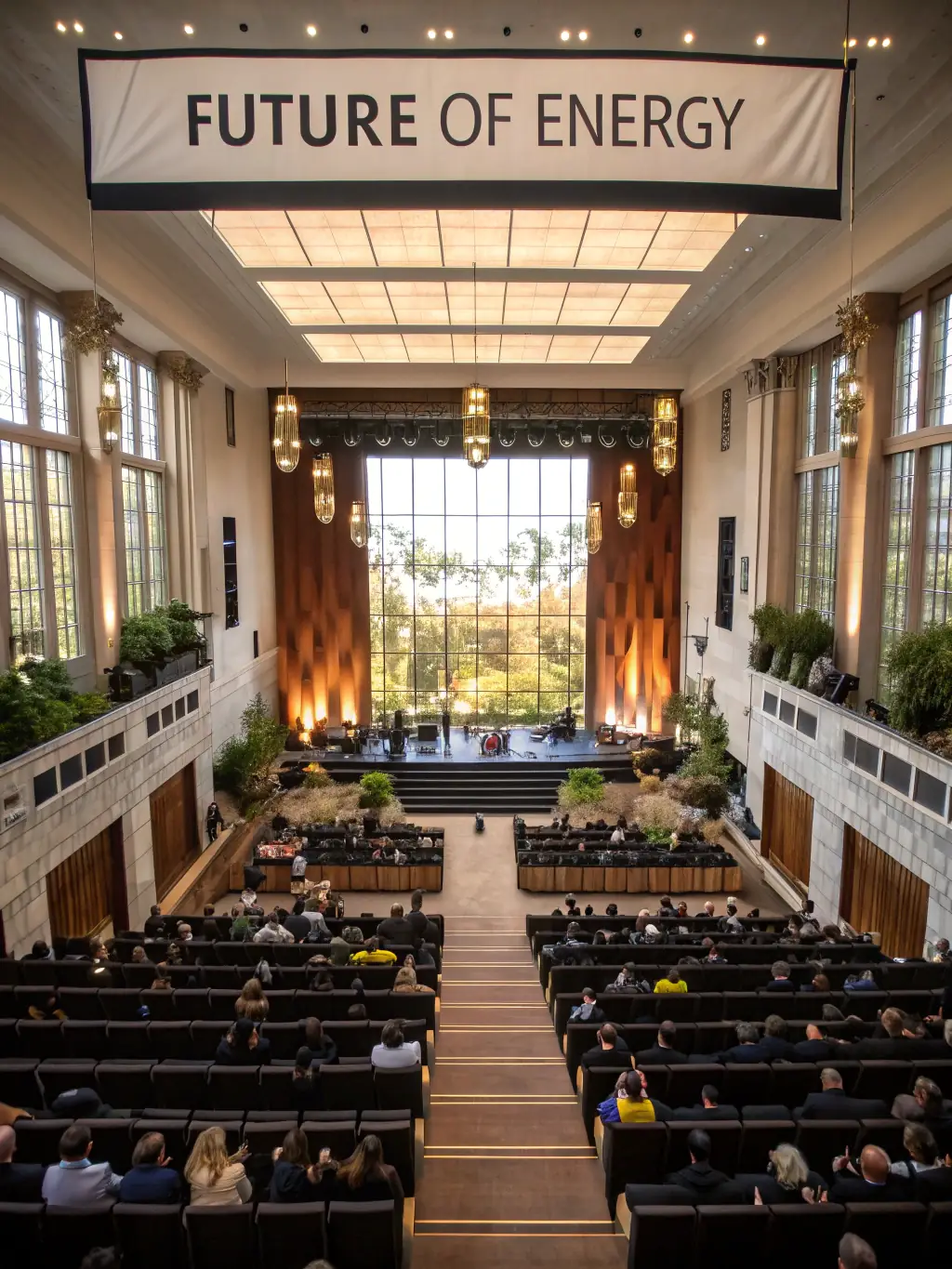 A modern conference hall in London, UK, with a focus on sustainable energy solutions, showcasing the 'Future of Energy' conference banner.