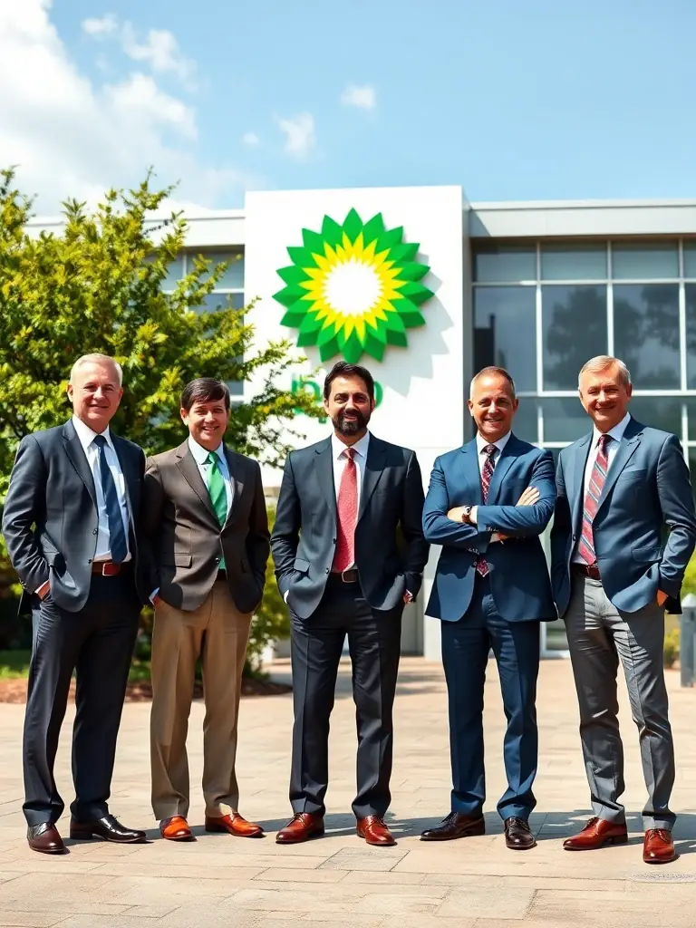 A group photo of the executive team from BP, a major sponsor of the Lamphub energy conference, standing in front of their company logo.