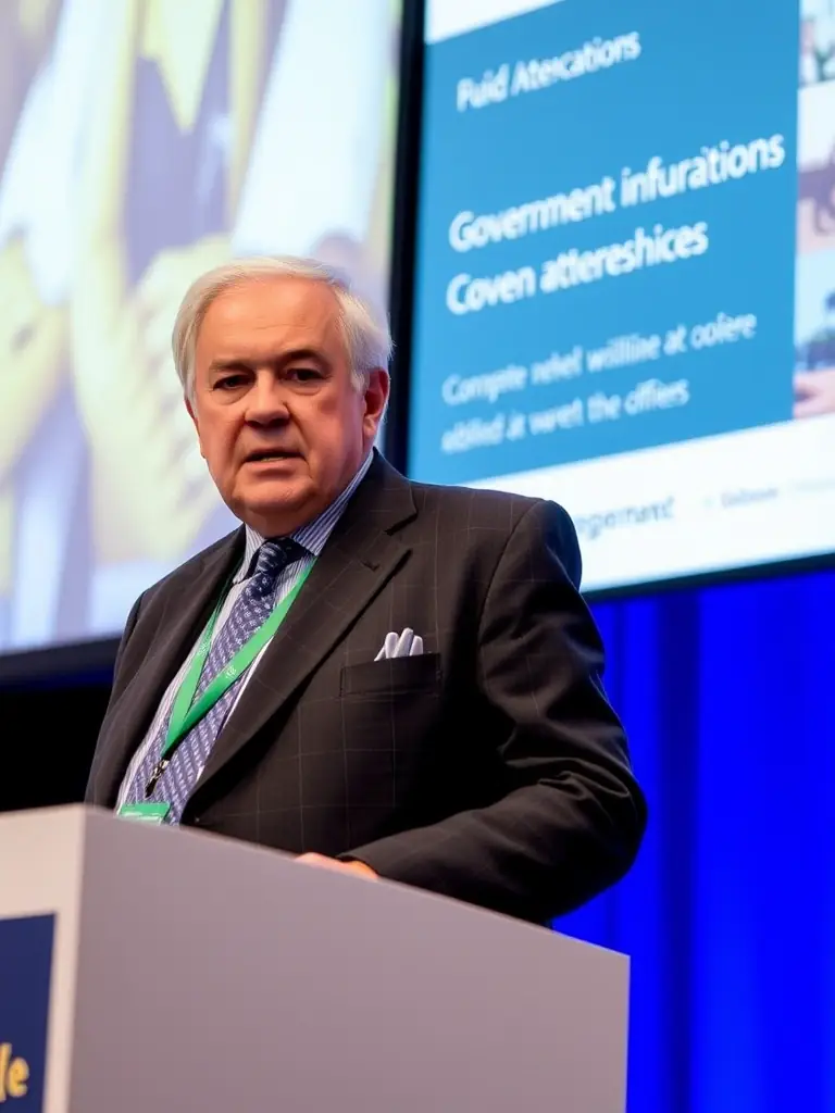 A photo of Professor David Attenborough, a specialist in energy policy, giving a presentation at a past Lamphub conference, with a slide about government incentives in the background.