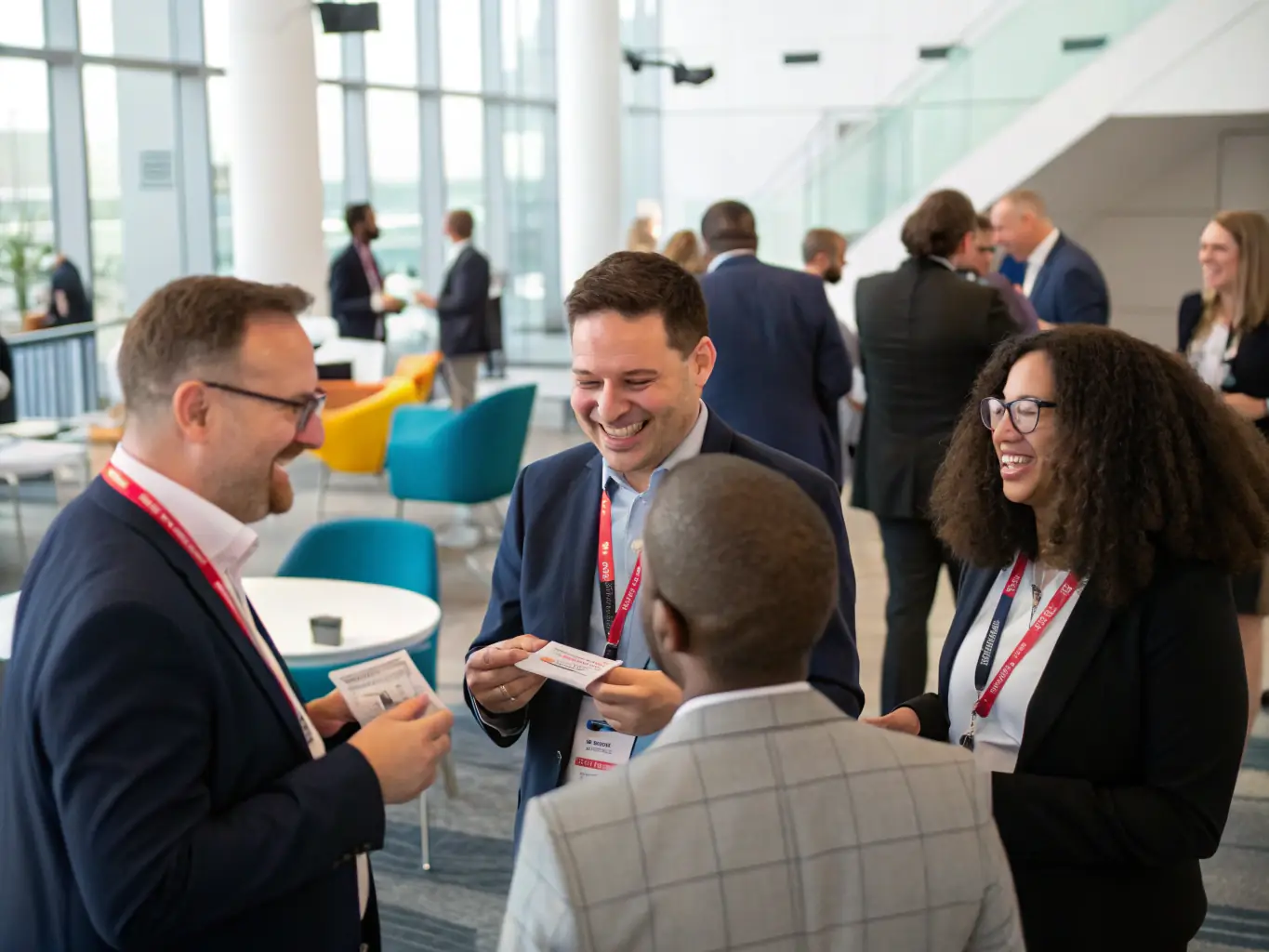 A photograph of attendees networking during a coffee break at the conference, with people engaging in conversations and exchanging business cards.