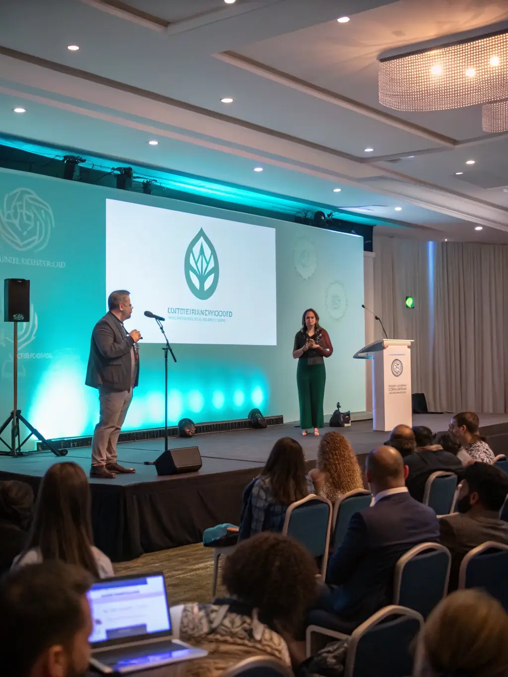 A photo of a panel discussion at a previous Lamphub conference, featuring representatives from Shell discussing carbon capture technologies.